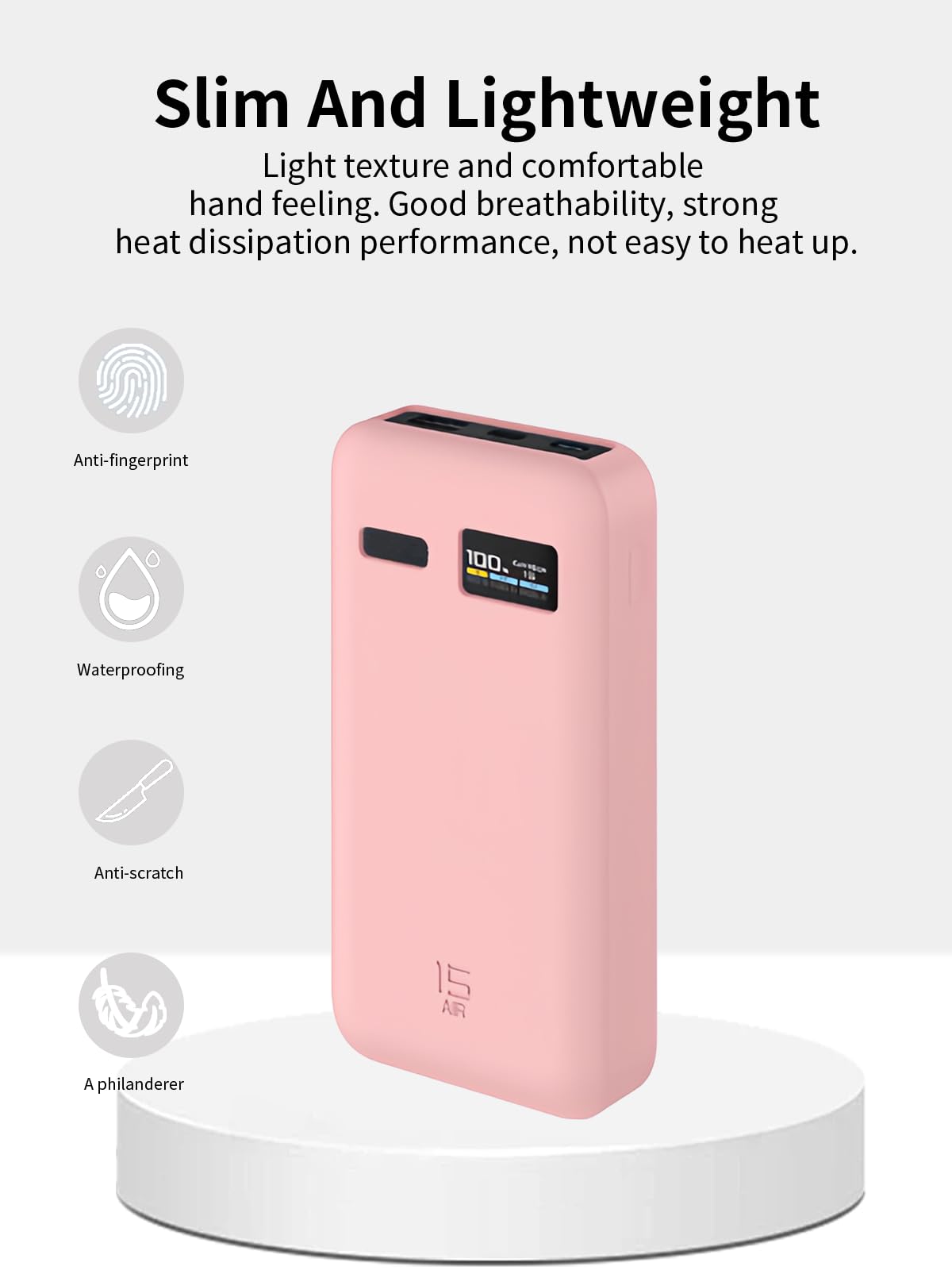 CUKTECH 15 Air Charger Power Bank 100 W, 15000 mAh, silikonowe etui – odporne na zarysowania, uderzenia, pyłoszczelne, przenośne, Slim Fit (różowe)