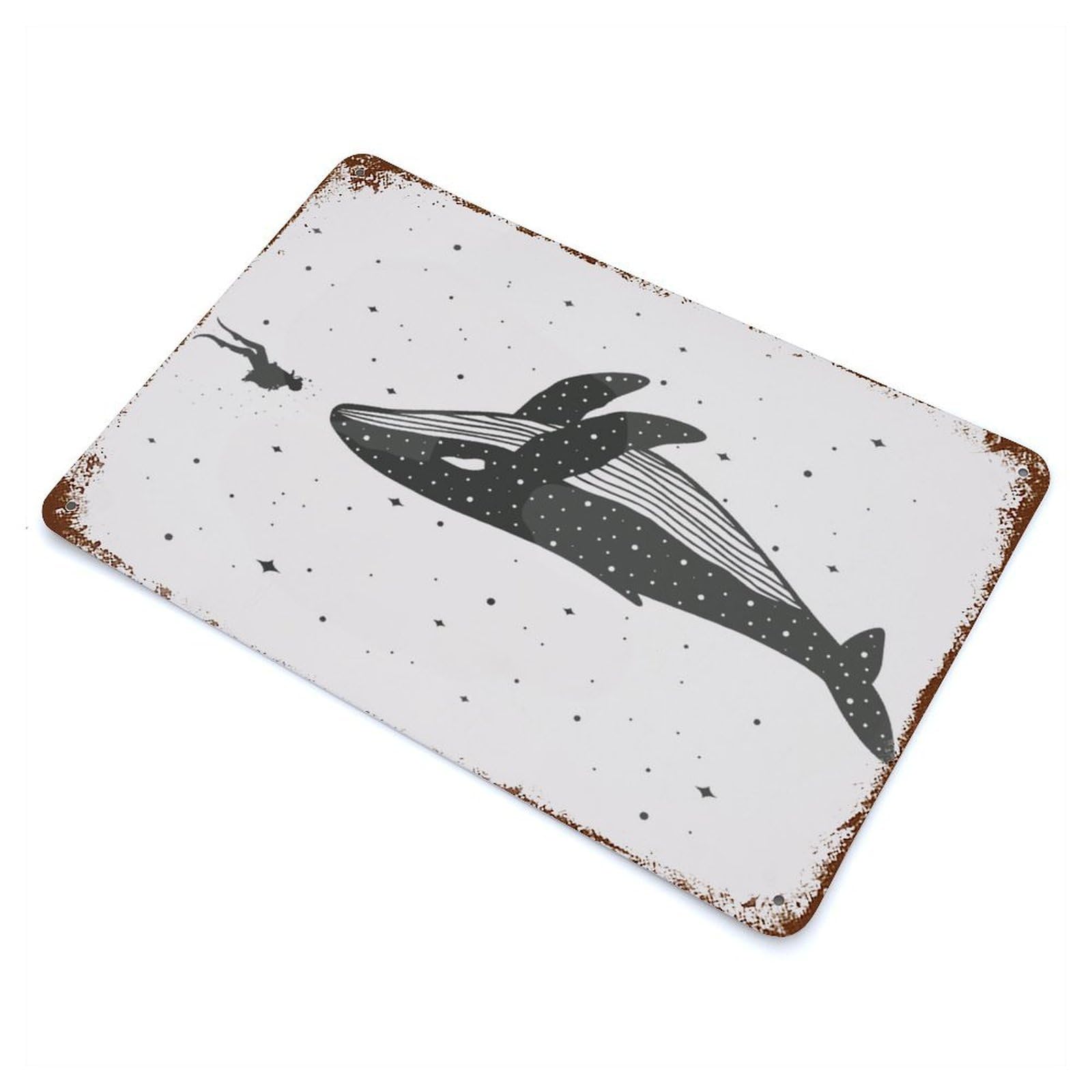 Space Whale Vintage Wall Sign 11.8"x7.9", Rust Effect Metal Decor for Living Room, Hallway And Home Decor