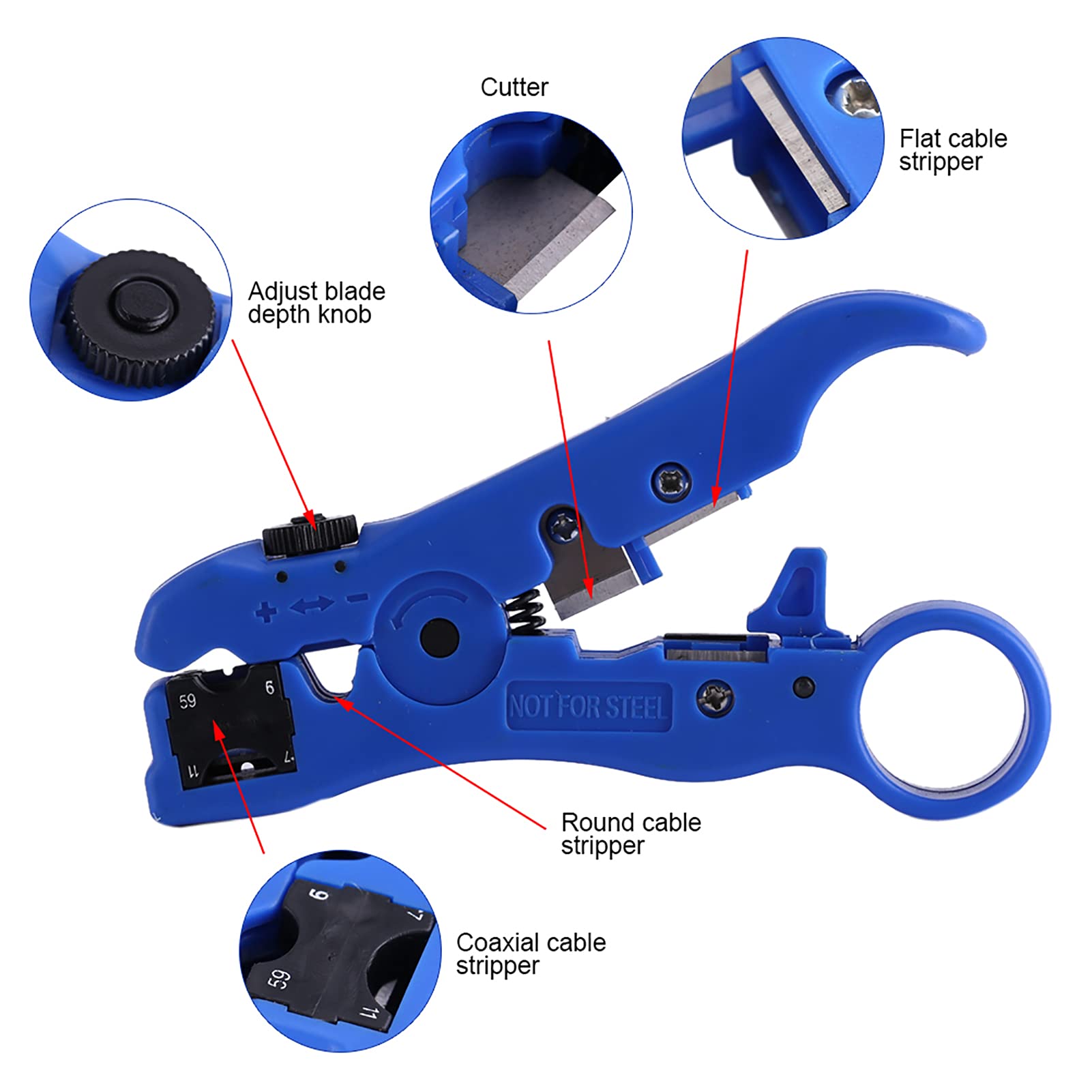 Wire Stripper, Universal Cable Stripper Cutter for Flat or Round TV/UTP RG-59/11/7/6 Wire Coax Coaxial Stripping Tool - Image 3