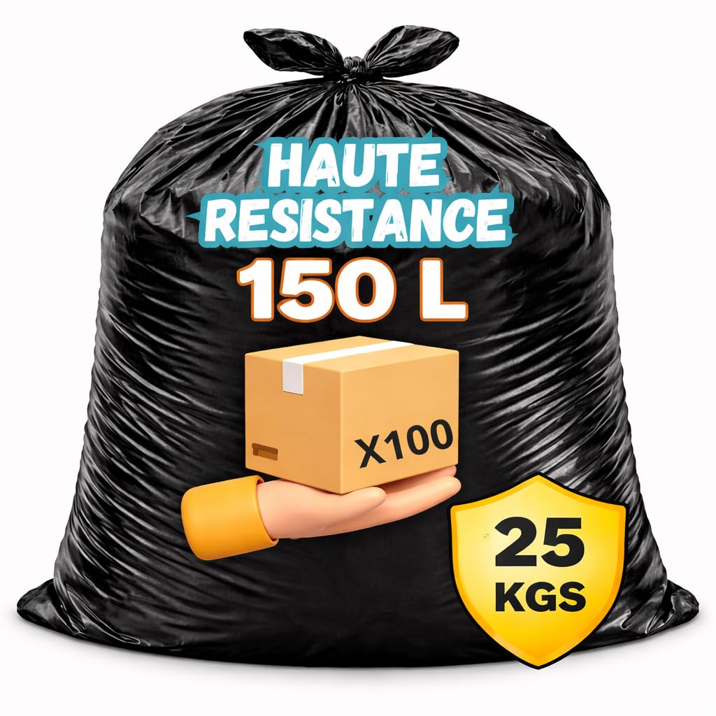 Bolsa de basura de 150 litros reforzada | Lote de 100 bolsas de 150 L ultra resistentes | Gama profesional | Residuos pesados hasta 35 KGS | Obras - Oficinas - Comercios - Restauración (150 litros)