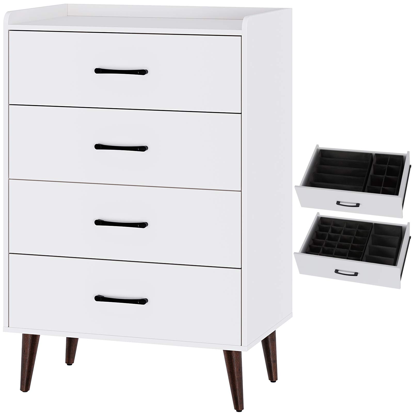 Rolanstar Drawer Dresser with 4 Wood Drawers, Storage Dresser with 4 Set Foldable Drawer Dividers, Rustic Chest of Drawer Bedroom Organizer with Anti-Tipping Device, White