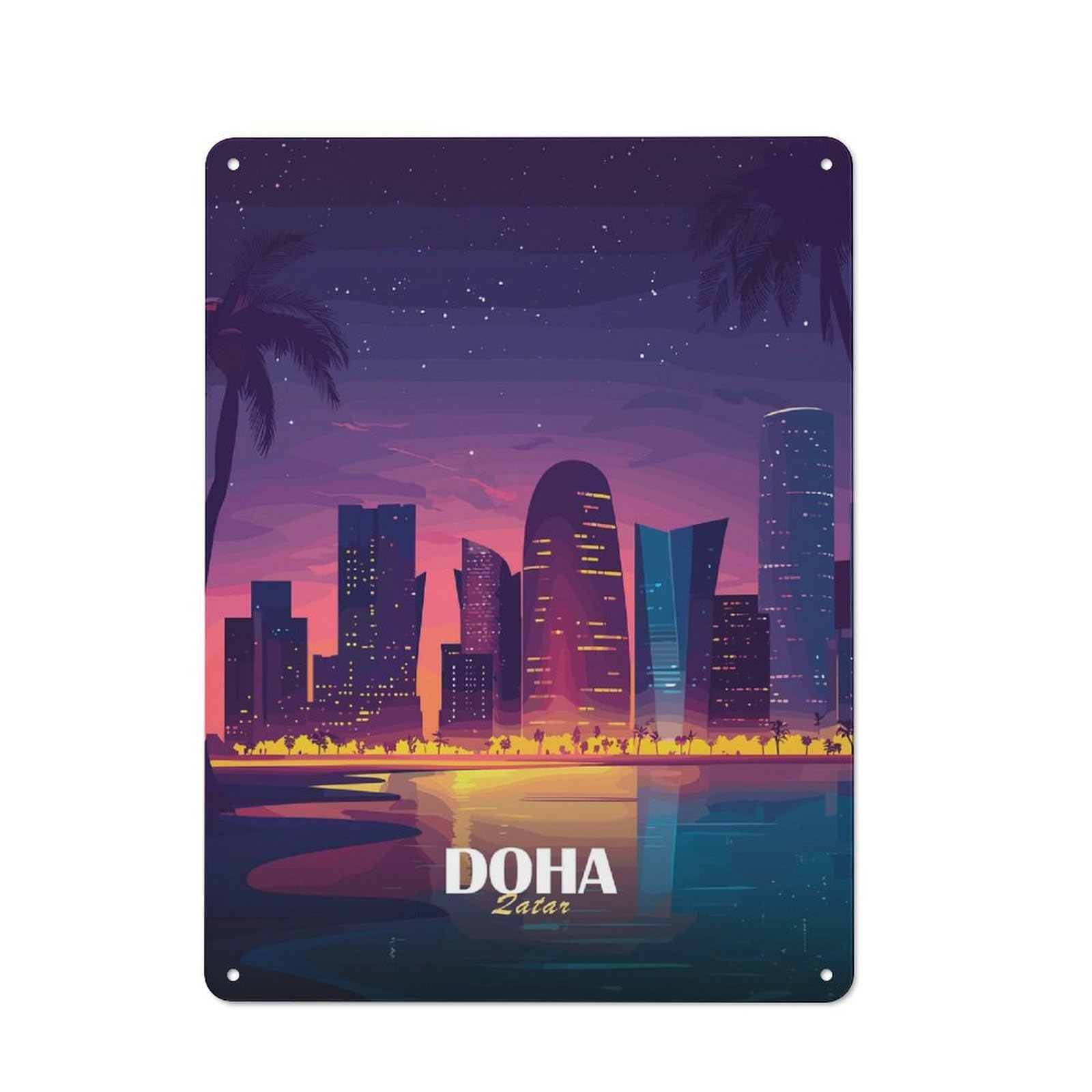 Junmoney Doha Qatar Skyline At Night Rustic Metal Wall Decor 40X30cm, Metal Wall Sign For Pub, Home Bar, Shed Or Man Cave