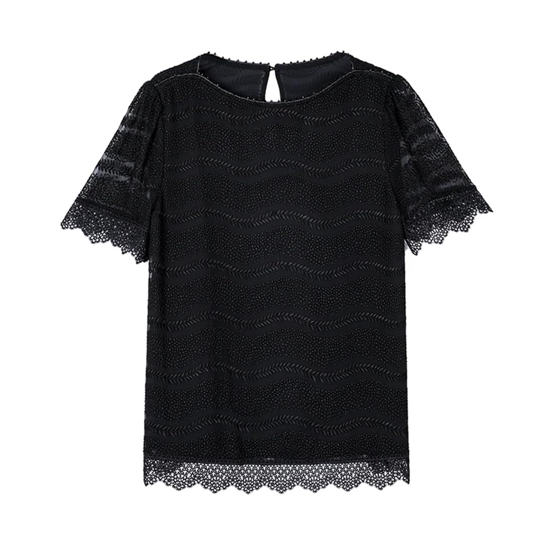 Top estivo da donna in seta ricamata, scollo rotondo, manica corta, pizzo di seta, allentato, dimagrante