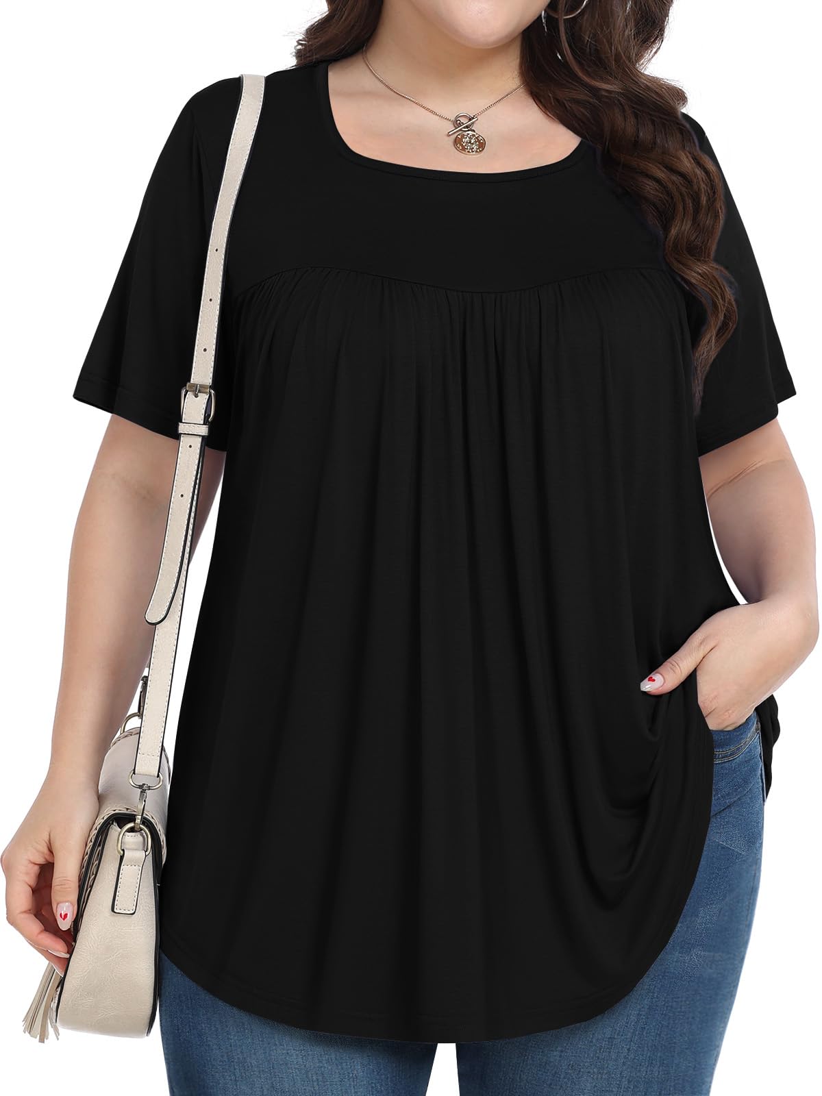 Plus Size Tops for Women Summer 2026 Short Sleeve Shirts Tunics Square Neck Casual Loose Blouses 1X-5X