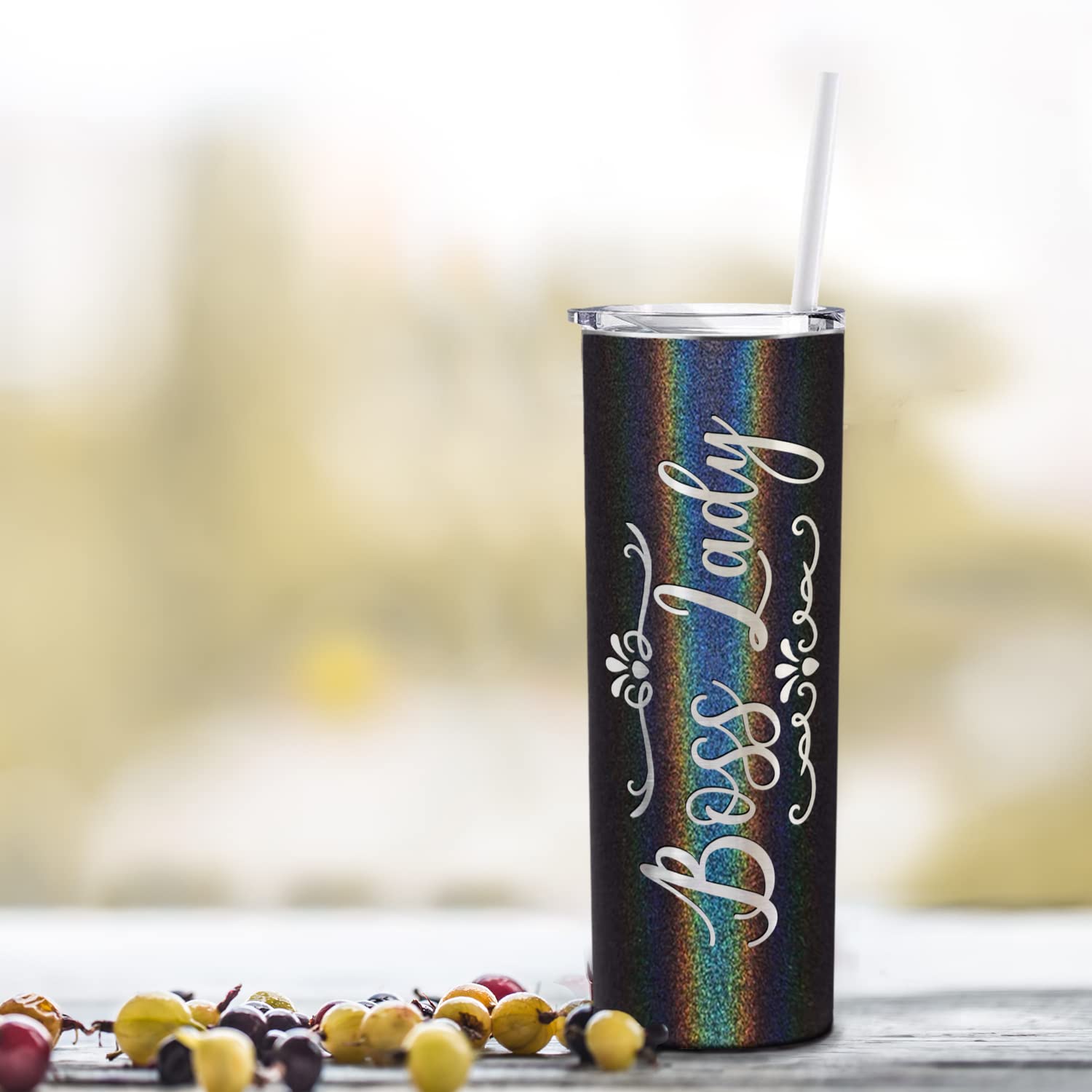 Cuptify Boss Lady Skinny Tumbler z pokrywką i słomką, grawerowany laserowo na czarnym brokacie, 590 ml, izolowany prezent urodzinowy ze stali nierdzewnej, prezenty dla kobiet, szefowa kobieta