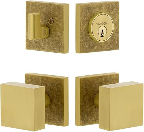 Viaggio 628725 Roseta de lino 2-3/8" Backset con perilla Quadrato y cerrojo a juego en latón satinado
