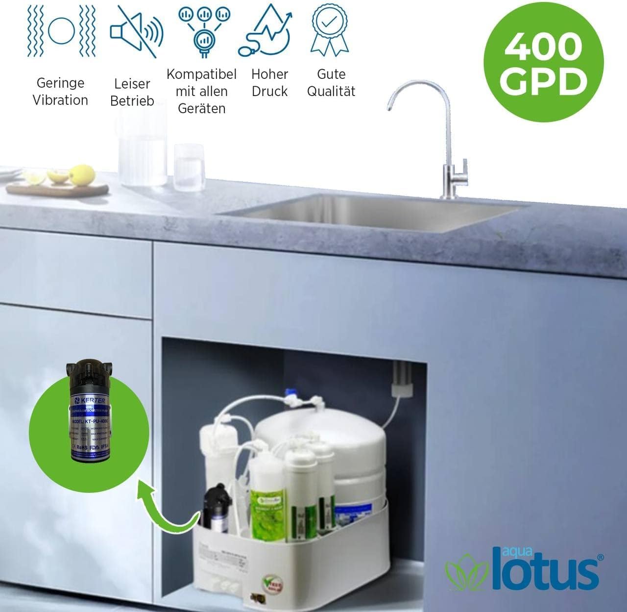 Pompa Booster per osmosi inversa filtro acqua aqua lotus 75-200-400-600 GPD (400 gpd)