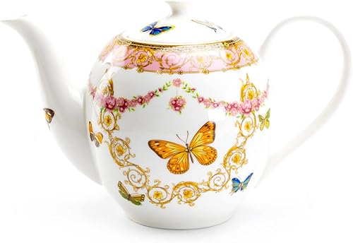 Grace Teaware - Tetera de porcelana fina con adorno rosa con ribete dorado