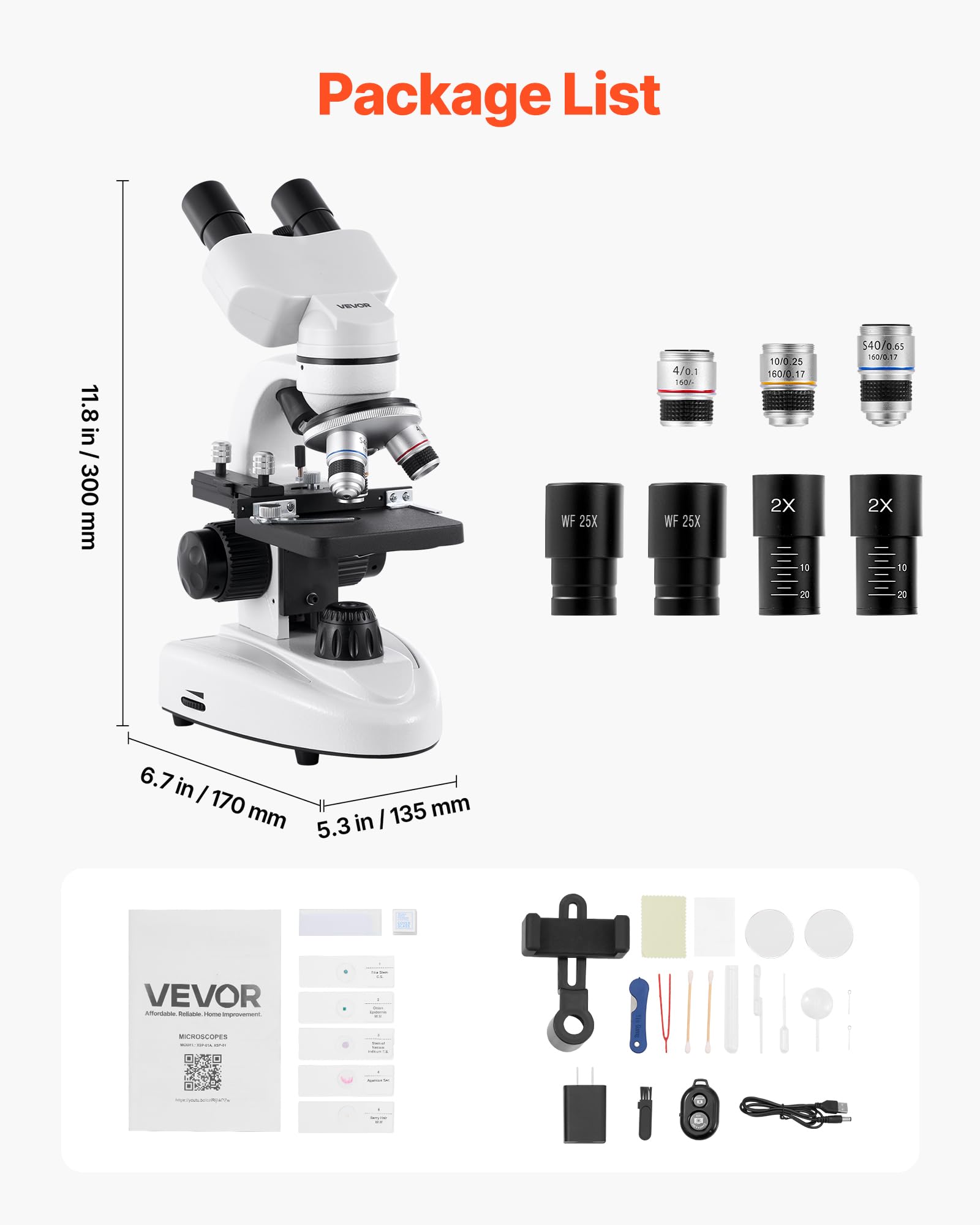 VEVOR Microscope Binoculaire Professionnel 40-2000X, Corps en Alliage d'Aluminium, Éclairage LED, Support de Téléphone Inclus