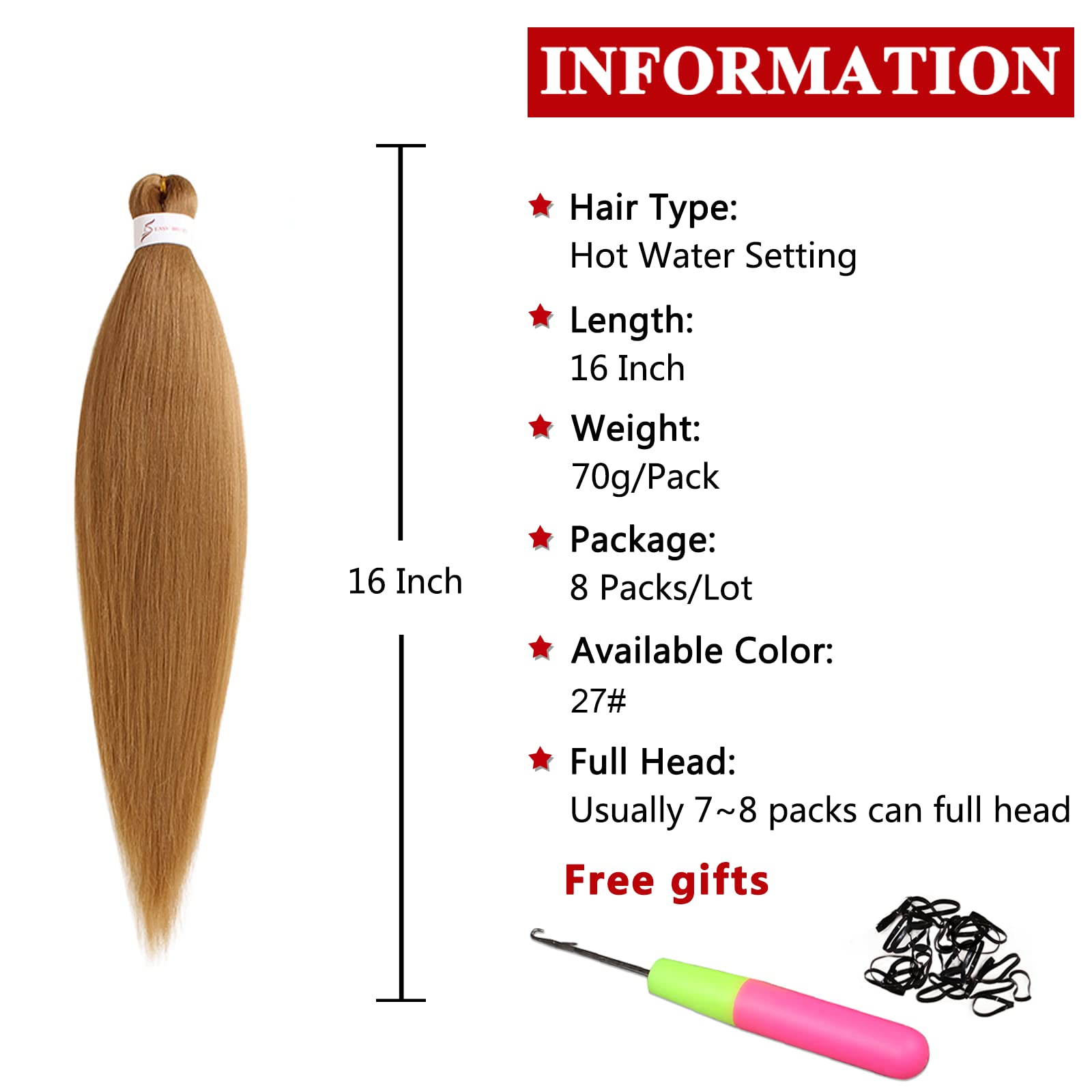 Xtrend 8 Packs 16 Inch EZ Braiding Hair Extensions Pre Stretched for Box Braids Yaki Straight Hair Kanekalon Fiber Pre Stretched Crochet Braiding Hair Extension 27# - Image 2