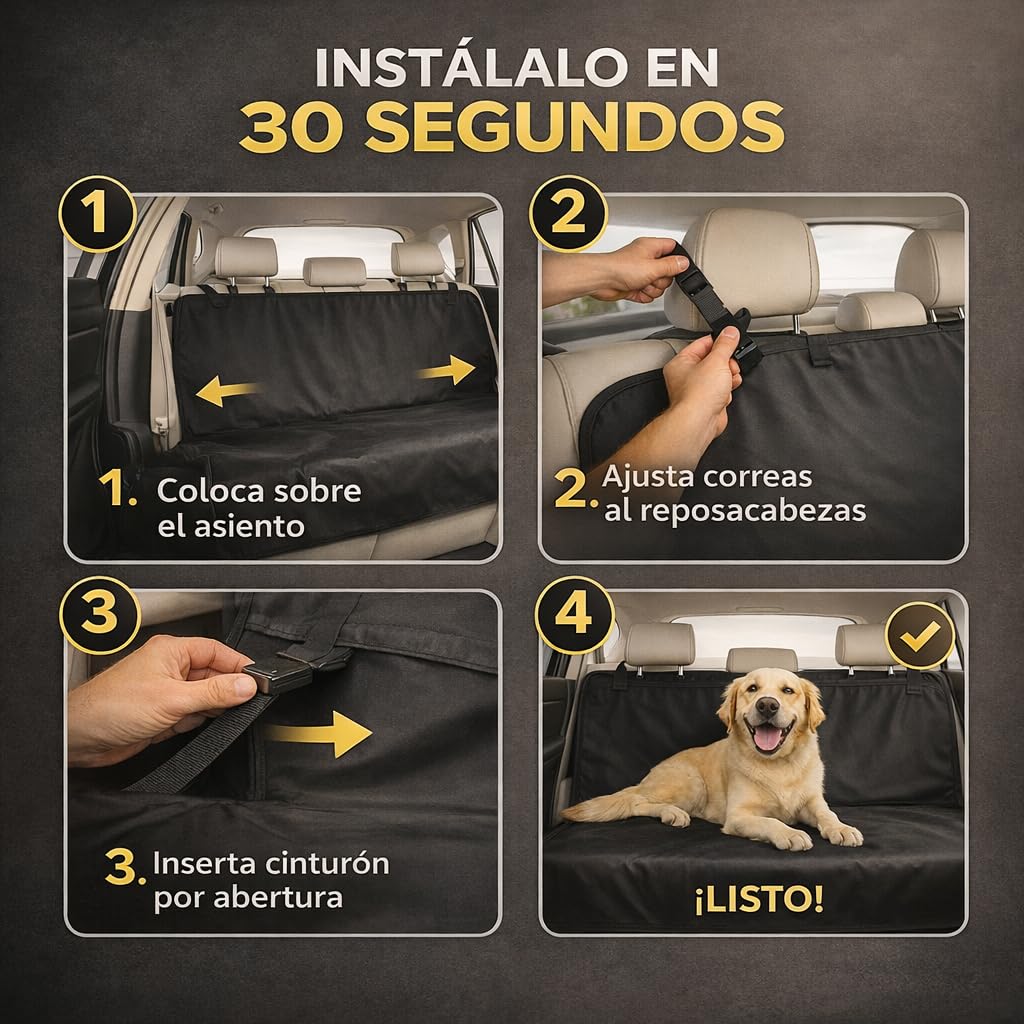 Funda Coche Perro 144x144cm con Cinturón de Seguridad y Manopla Cepillo – Protector Impermeable Asiento Trasero Antideslizante – Kit Completo para Viajar con tu Mascota