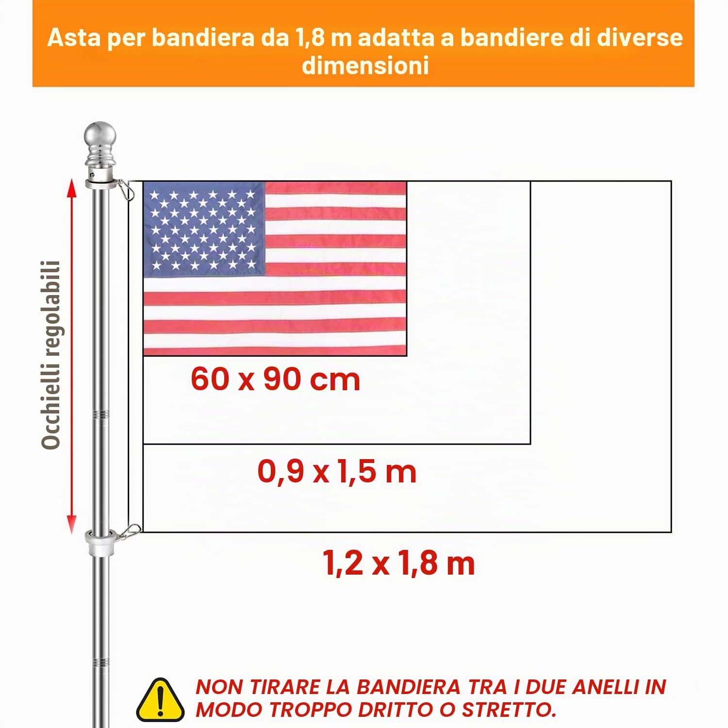 Asta per Bandiera in Acciaio Inox da 1,8 m, Senza grovigli, per Bandiere da 3 x 5, Kit con Asta per Bandiera antiruggine, Asta per Bandiera da Esterno per casa, Cortile, Giardino, Asta per