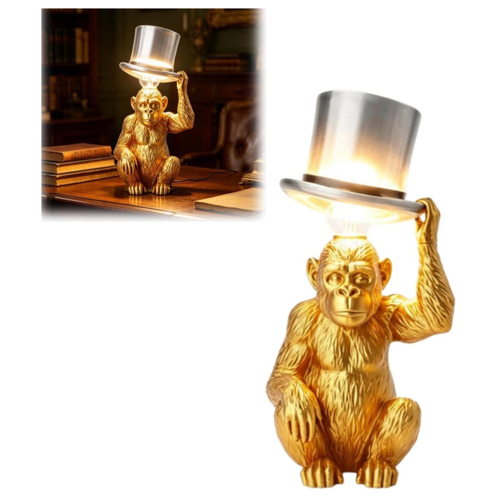Małpa lampa stołowa z kapeluszem zwierzę lampa biurkowa dla miłośników małp zabawna kreatywna lampa dekoracyjna do spania przedszkola biura i domu dekoracja (złota)