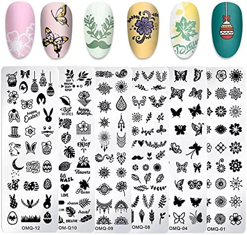 Faiteary 6Pcs Nail Stamping Plates, Nail Stamp Template Set with Butterfly Leaves Flowers Animals Letters and Geometric Pattern for DIY Nail Art Decoration
