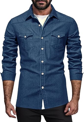 Denim Work Shirt for Men Western Wrinkle-Free Washed Jean Shirts Long Sleeve Lapel Button Casual Tops with Pockets