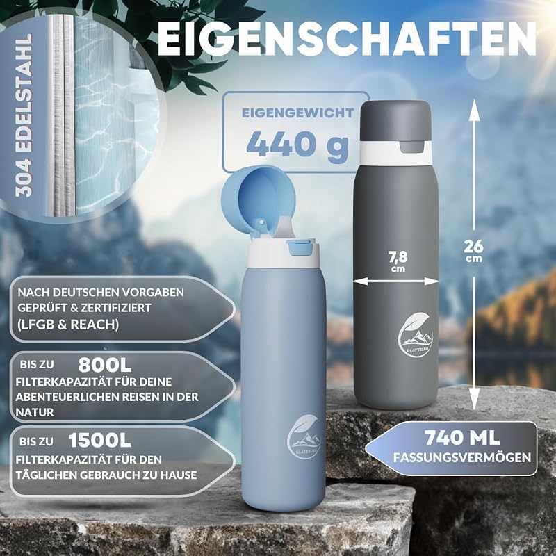 Blattberg Rozsdamentes Vízszűrő Palack 740ml - Baktérium és Vírus Elleni Védelem