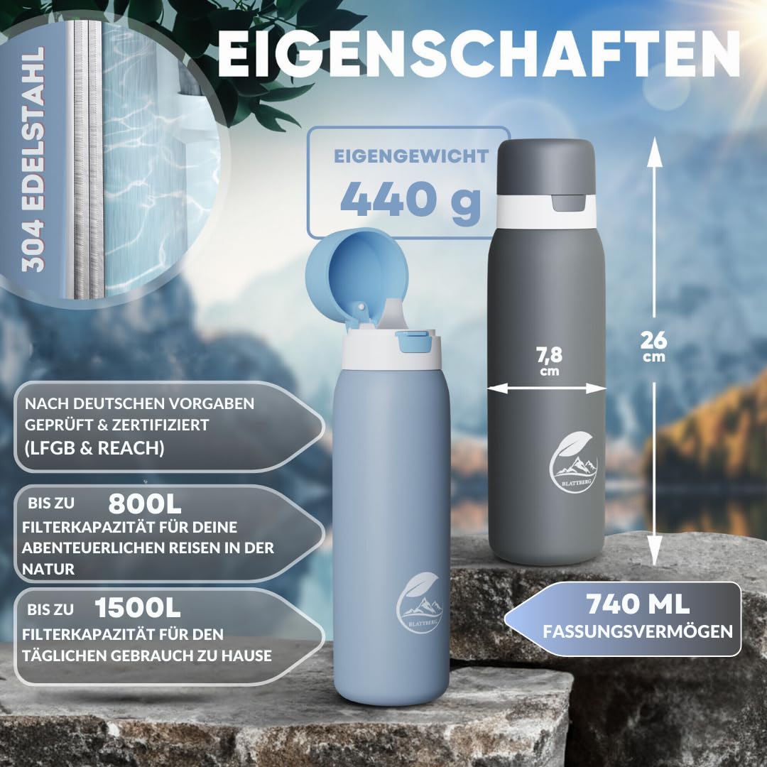 Botella de filtro de agua para exteriores de acero inoxidable [740 ml] + bolsa de transporte + bolas minerales – Accesorios de camping, equipo de supervivencia, botella con filtro –