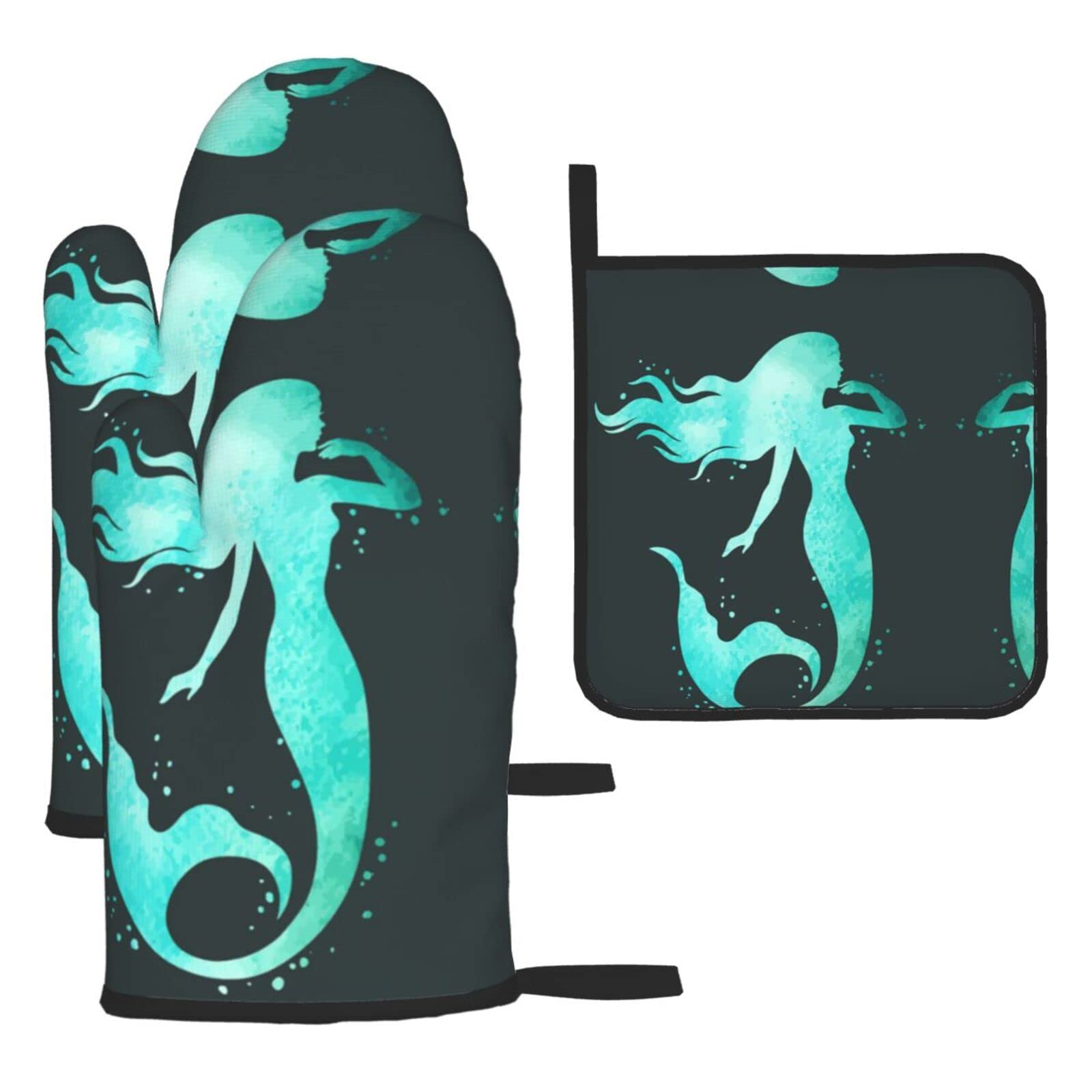 Mermaid Oven Mitts and Pot Holder Kitchen Set for Grilling, Cooking, Baking, Heat Resistant