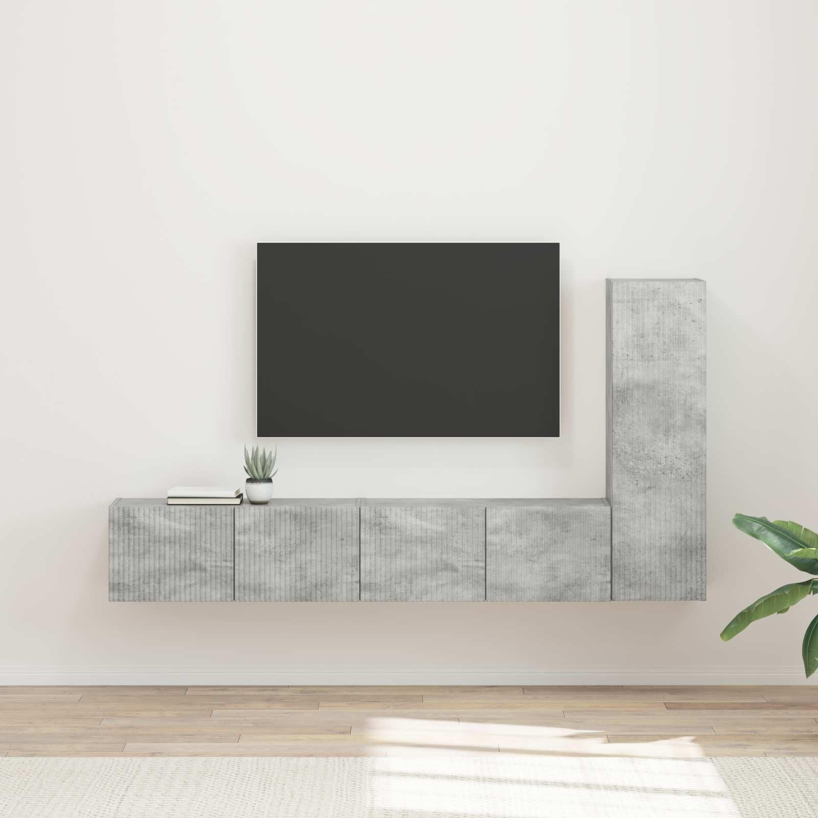 TV-Schrankset Wandmontiert 3-teilig, Beton Grau Holzwerkstoff, Modernes Media Center, Wohnzimmer, Schlafzimmer, Stauraum, 31x30x100cm