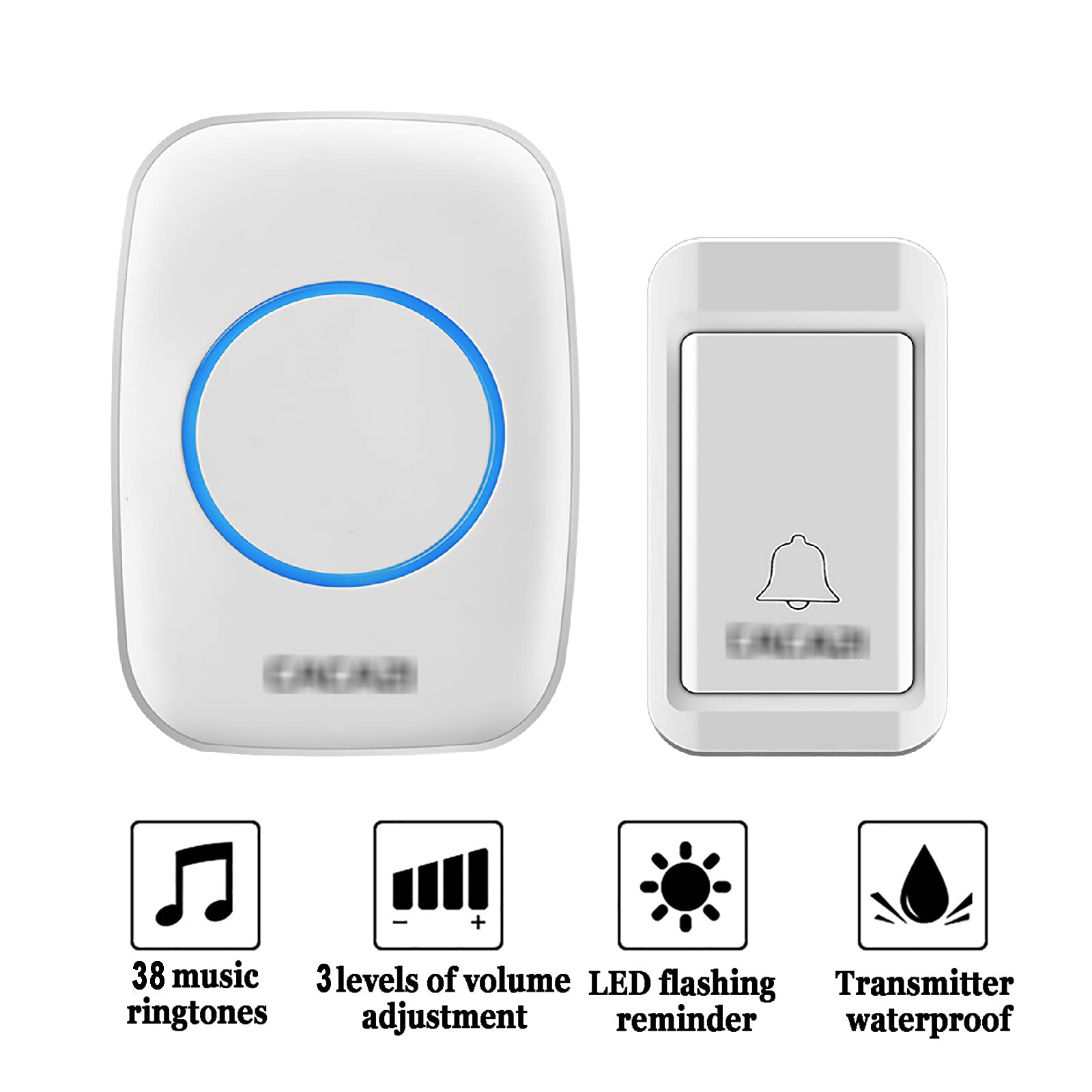 Campanello Wireless autoalimentato, Funzionamento a 390 Piedi di Portata con 38 campanelli, 3 Livelli di Volume, Facile da installare per casa, Scuola, Ufficio, Bianco, Nero