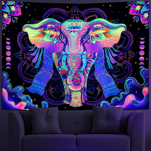 Amonercvita Blacklight Elephant Tapestry Mandala Tapestry Hippie Uv Reactive Tapestry Neon Galaxy Stars Tapestry Aesthetic Bohemian Floral Tapestry Wall Hanging For Living Room #TOP1