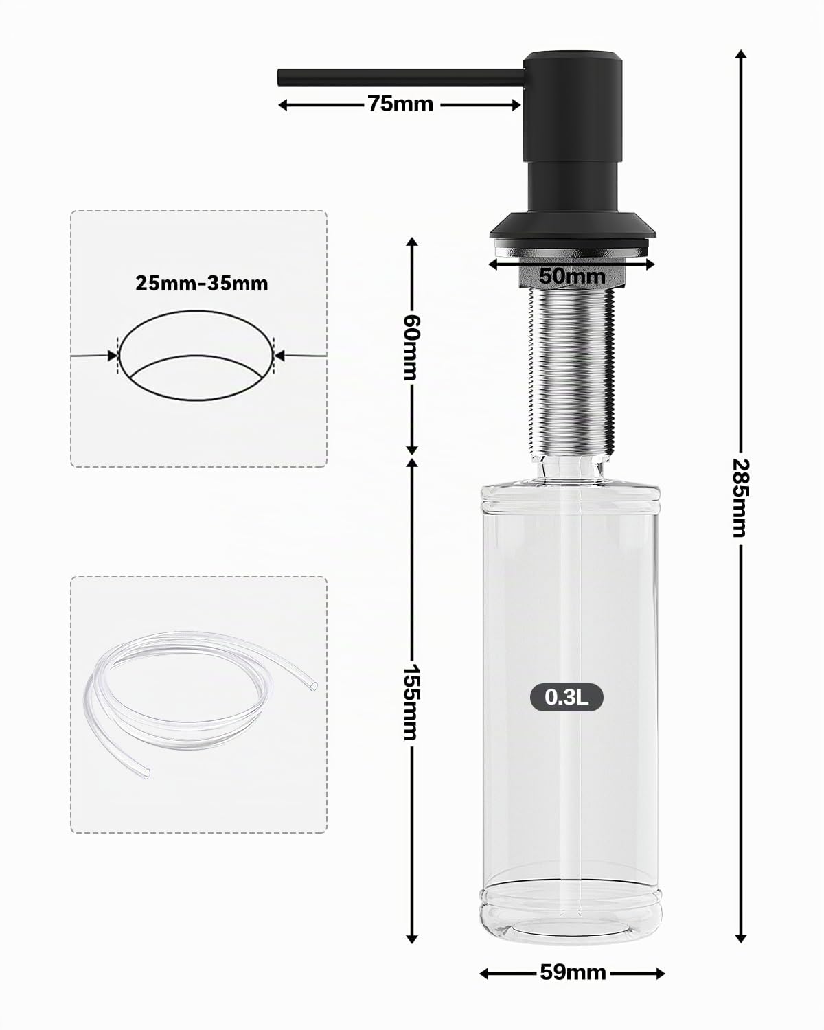 Distributeur Savon Encastrable Noir, Distributeur Savon Cuisine pour Évier, Distributeur Liquide Vaisselle avec Bouteille 300 ML et Tuyau de 1,2 M, Distributeur de Savon en Cuivre, Écrou Métal