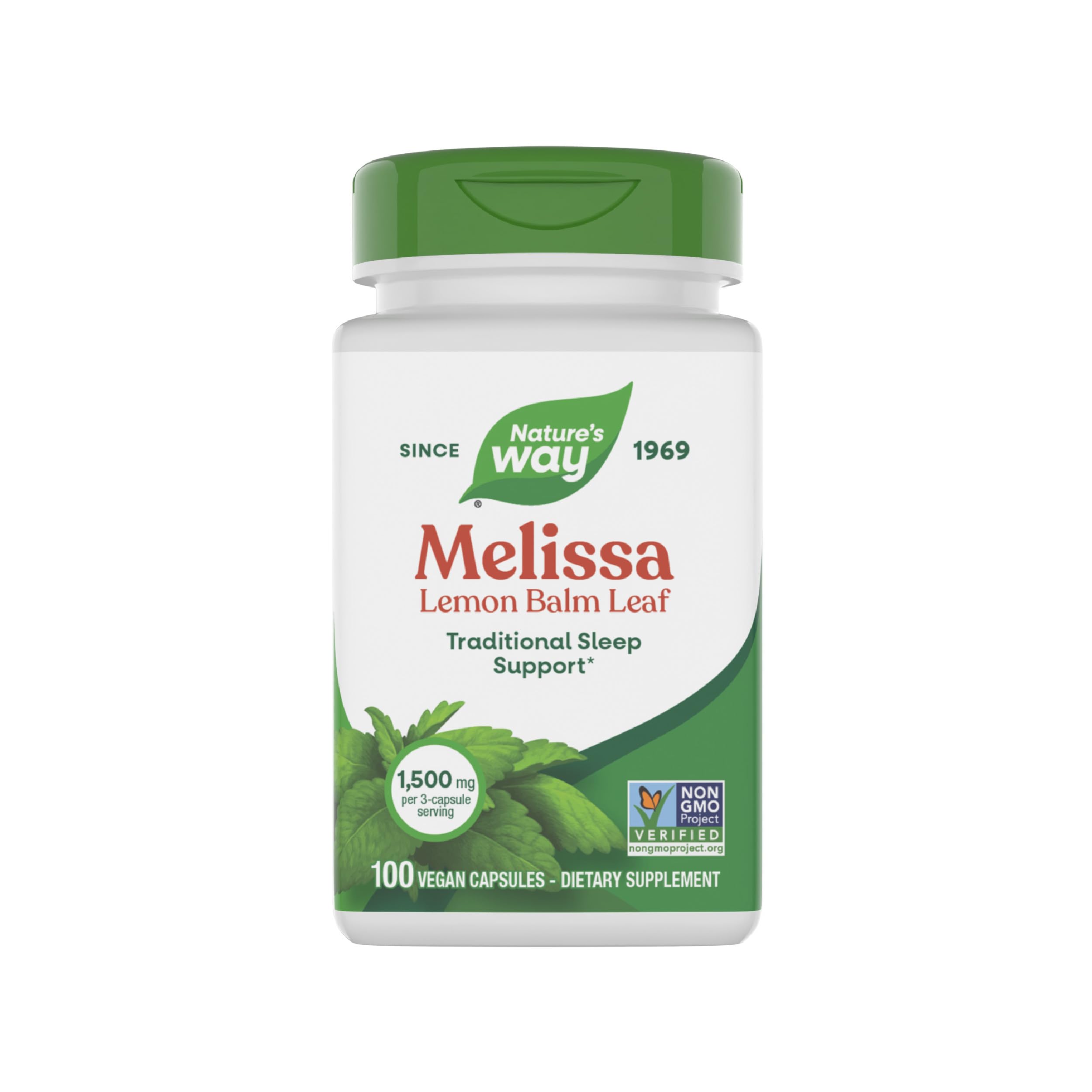 Nature's Way Melissa Lemon Balm Leaf, Traditional Sleep Support*, Melatonin Free, 1500 mg per 3-Capsule Serving, Non-GMO Project Verified, 100 Vegan Capsules
