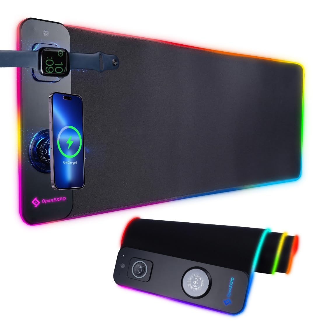 M15WR Tappetino da scrivania RGB con ricarica wireless, tappetino per tastiera/tappetino per mouse, compatibile con Magsafe 3 in 1, 15 modalità di illuminazione LED RGB (modalità luce pickup
