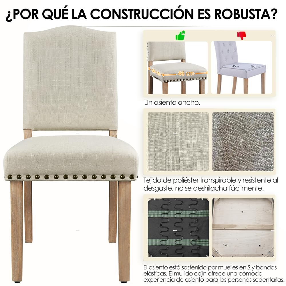 Yaheetech Juego de 2 Sillas de Cocina Tapizada de Tela Pata Madera Beige | Silla de Comedor Respaldo Alto, Silla de Cocina Tapizada de Tela, Diseño Clásico, Asiento Acolchado, para Salón y Cocina