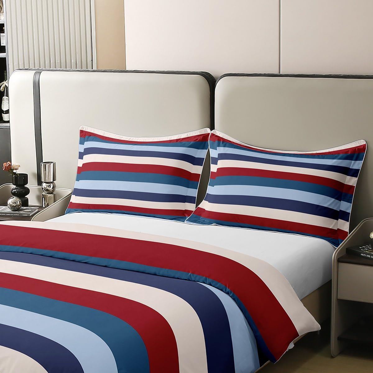 Homewish - Set copripiumino in cotone 100% lavato, motivo a righe bianche e turchesi, colore: blu navy e verde, per letto matrimoniale, con motivo patchwork pastello, biancheria da letto per camera da
