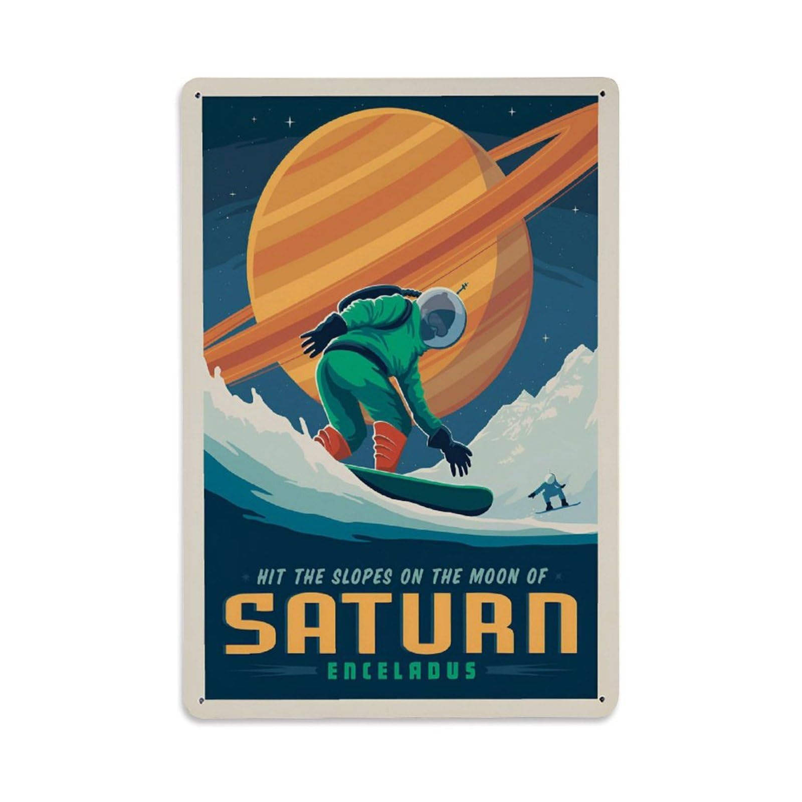 Vintage Space Poster Saturn Enceladus Snowboarding Metal Tin Sign Wall Decor for Cafe, Club, Garden Metal Poster 8x12Inch