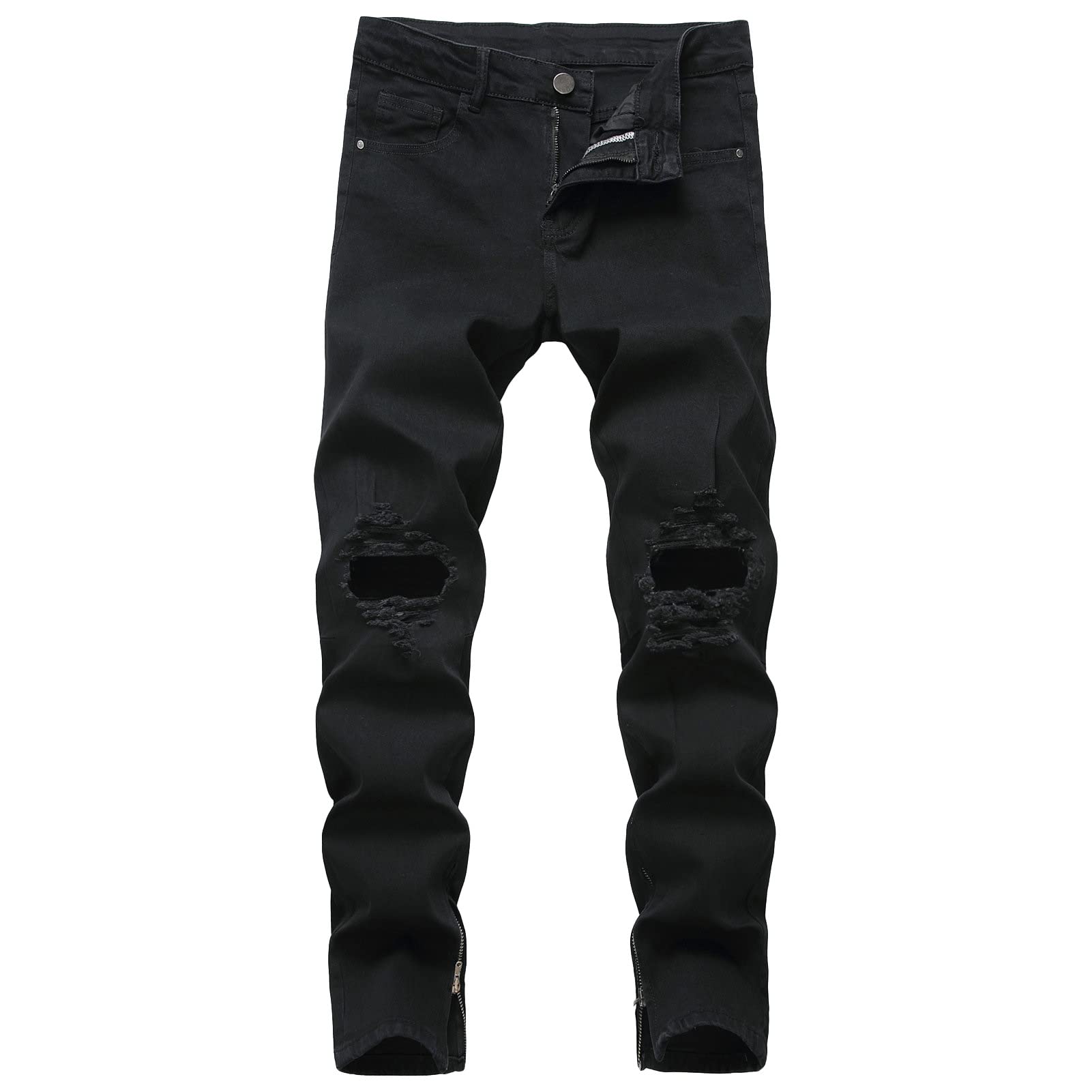 Maiyifu-GJ Men's Ripped Slim Tapered Leg Jeans Knee Holes Ankle Zipper Denim Pencil Pants Skinny Destroyed Jean Trousers (Black,32)