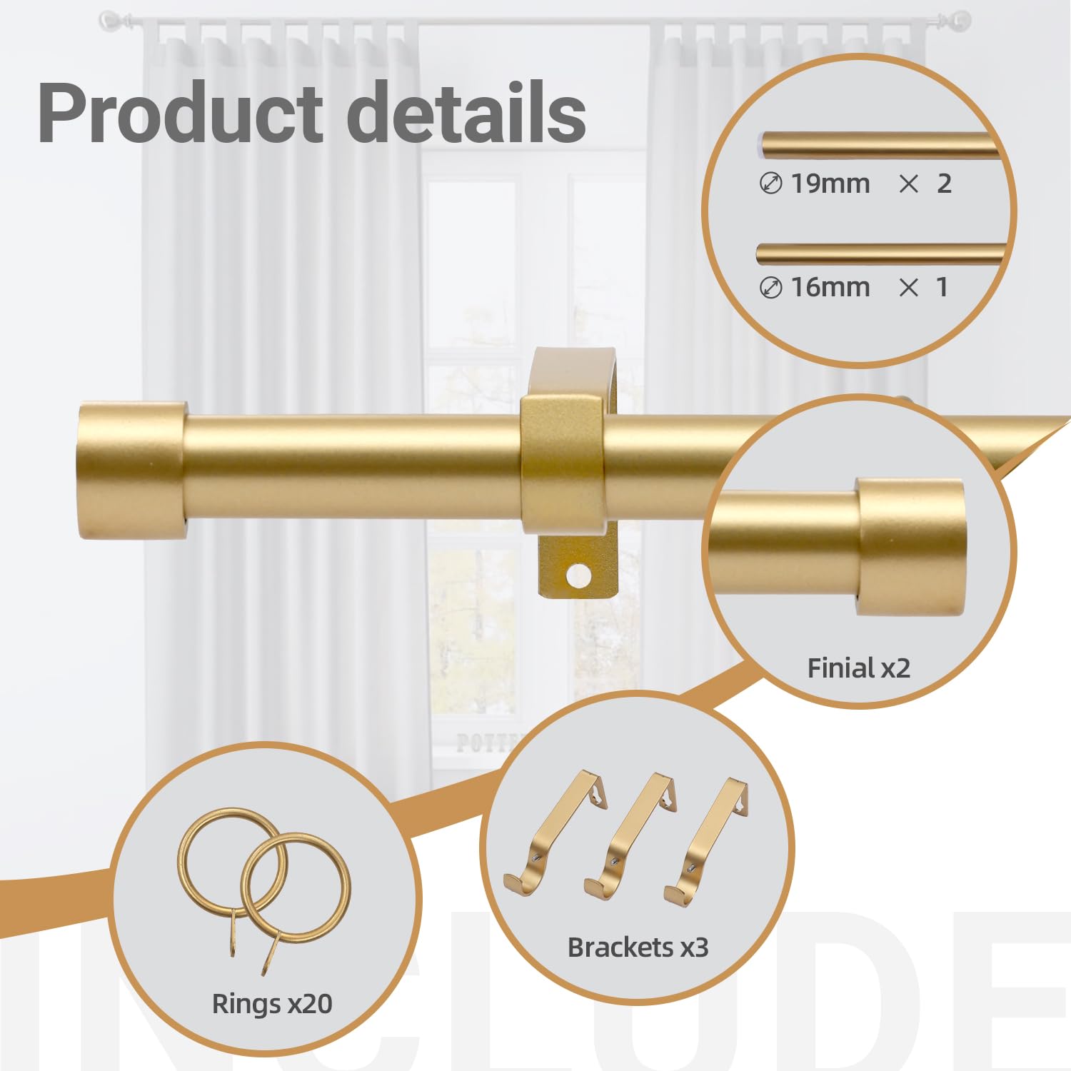 Tringle à rideaux extensible de 120 cm à 210 cm avec embouts dorés, 121,9 cm à 213,4 cm - Tringle à rideaux réglable avec tringles, embouts, supports et kits de quincaillerie
