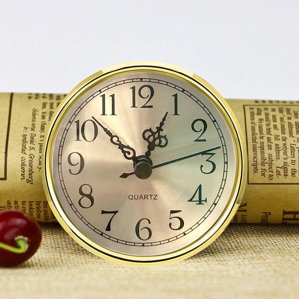Miniuhr-Einsatz, 8,9 cm, rundes Quarzuhrwerk, Miniaturuhr, goldfarbenes Zifferblatt, goldfarbene Lünette, arabische Ziffern, passend für Loch mit 7,6 cm Durchmesser (goldfarben)