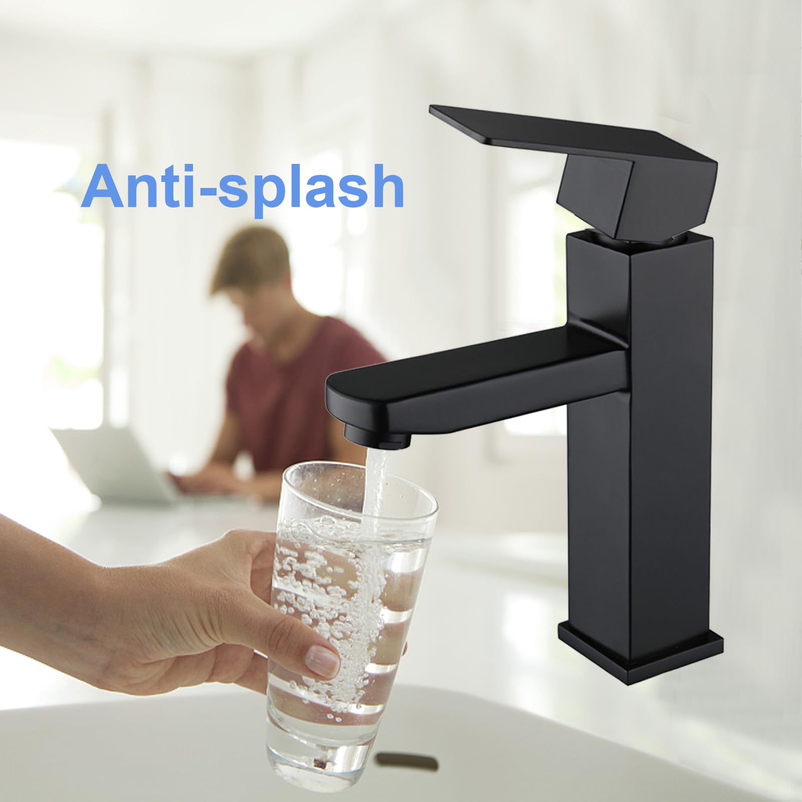 Grifo de Baño 180mm Negro Mate Acero Inoxidable Monomando Agua Fría y Caliente Con Mangueras Para Tocadores y Lavabos
