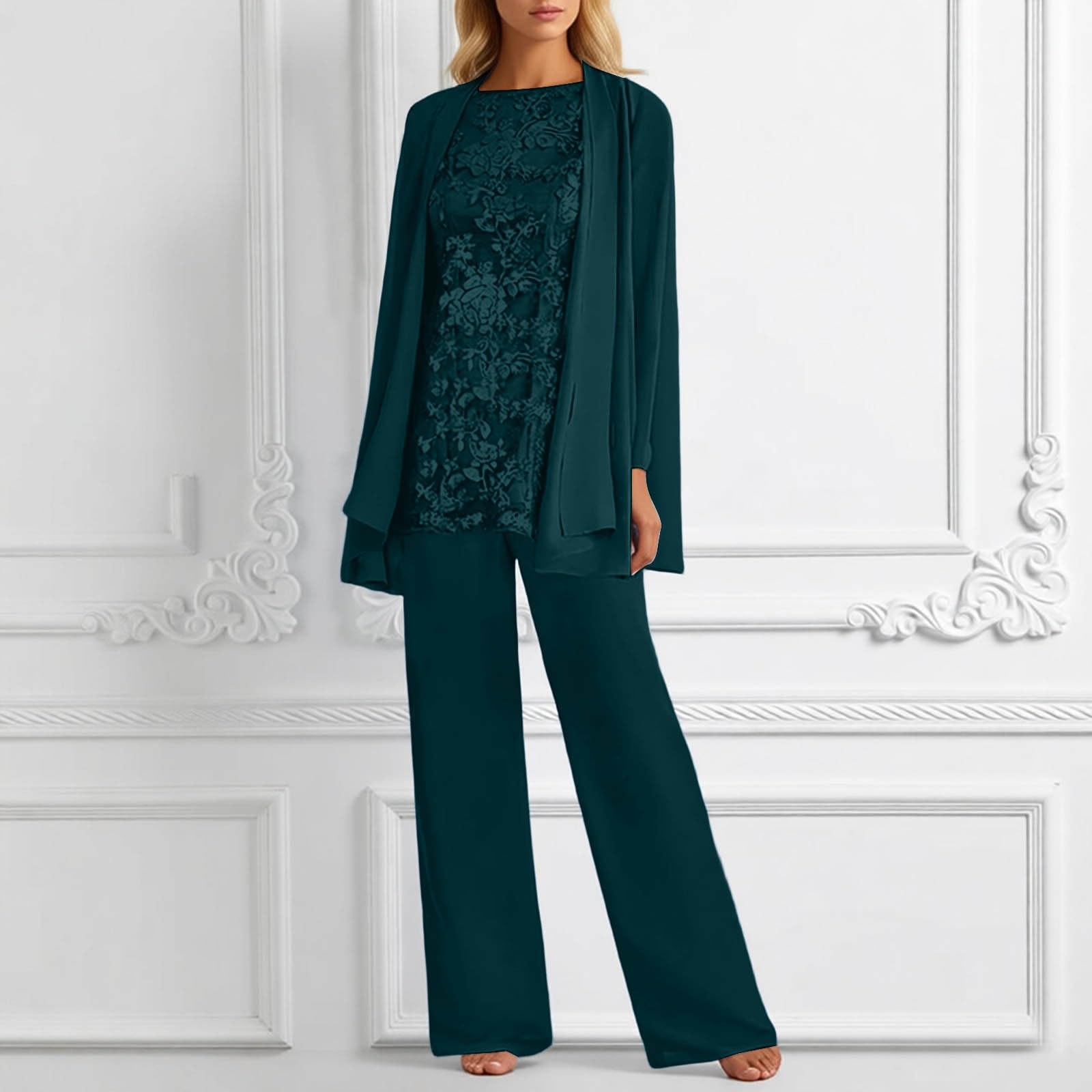 Generisch 2026 Neuheiten Spitzen Oberteile Damen Elegante Brautjungfern-Partykleidung: Lange Ärmelhose Chiffon mit Blumenmuster, stilvolles bequemes Gästeoutfit in großen Größen.