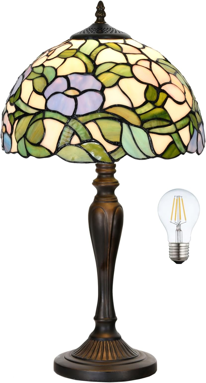 TL0005 Tiffany Table Lamp Bedside Stained Glass Lamp Spring Floral Design Reading Desk Light 12X21.5 Inches for Bedroom Living Room Home Office, lED Bulb Included