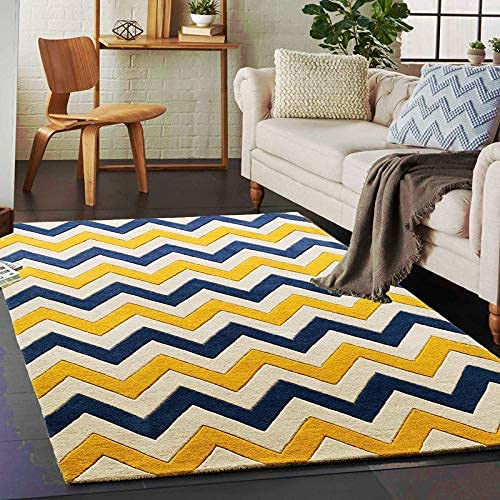 Image of Mordern Design Handmade Tufted Carpet Pure Woollen Export Quality Carpet for Living Room, Bedroom Hall [ Size 4 x 6, Color Gold Blue ]