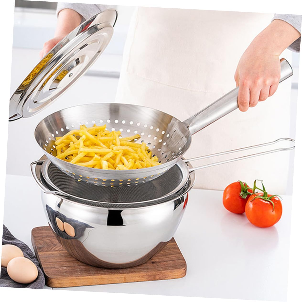 1 Set Professional Stainless Steel Oil Strainer Deep Fryer Skimmer Oil Container Convenient Kitchen Gadgets for Home Restaurants and Snack Bars