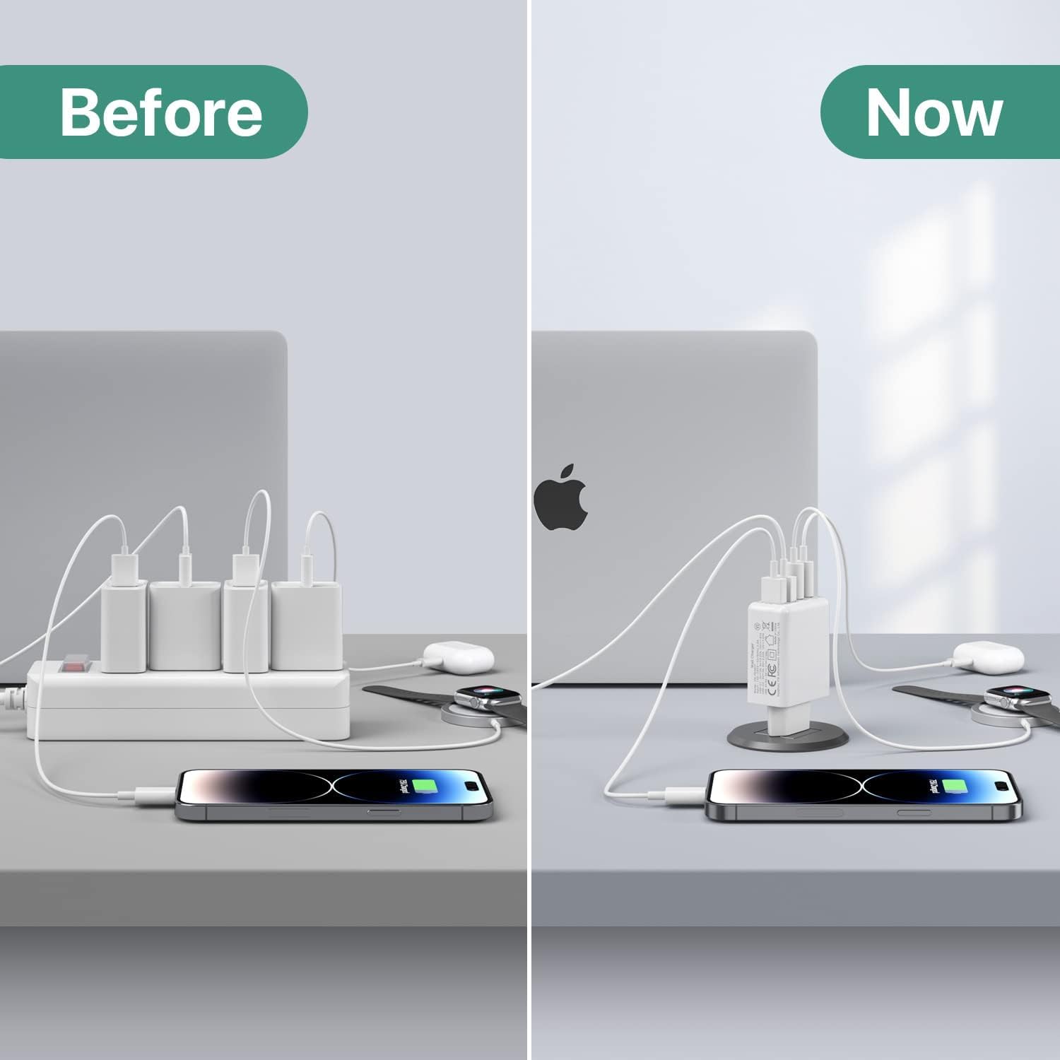 Set di 4 caricabatterie USB-C Caricabatterie rapido multiporta da 40 W PD 3.0 Adattatore di alimentazione USB-C per telefoni cellulari Compatibile con iPhone 16/15/14/13/12/11/Galaxy S24/S23/S22