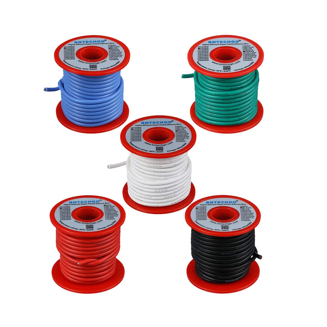BNTECHGO 14 Gauge Silicone Wire Kit Red Black White Blue and Green Each 25ft 14 AWG Stranded Wire — image 1