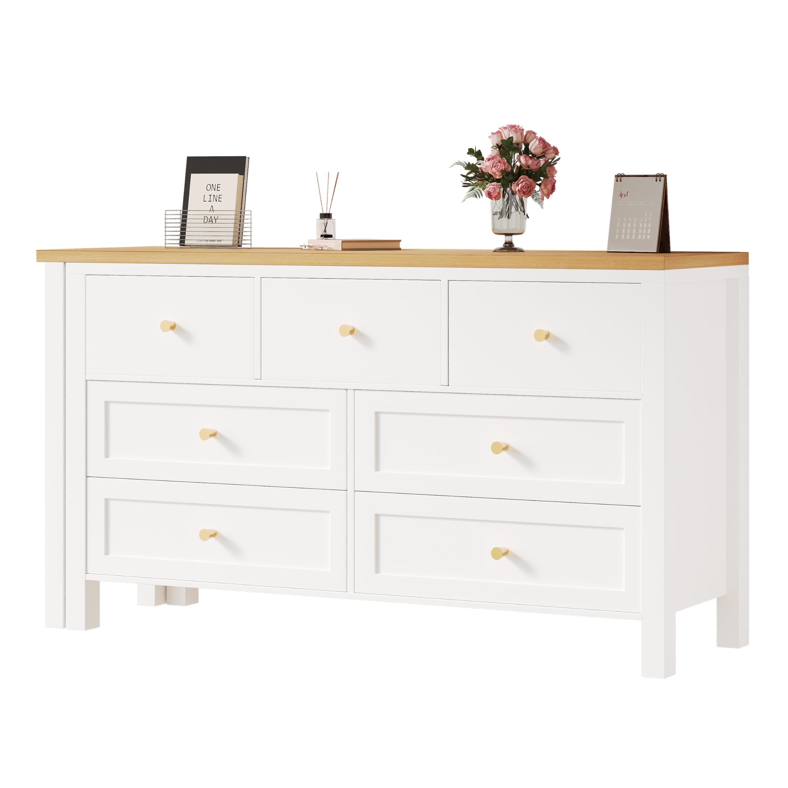 Scrivania con 7 cassetti, 2 in 1, piano girevole e credenza, effetto rovere, piano girevole a 360°, bianco/naturale, scrivania da toeletta, scrivania angolare a forma di L