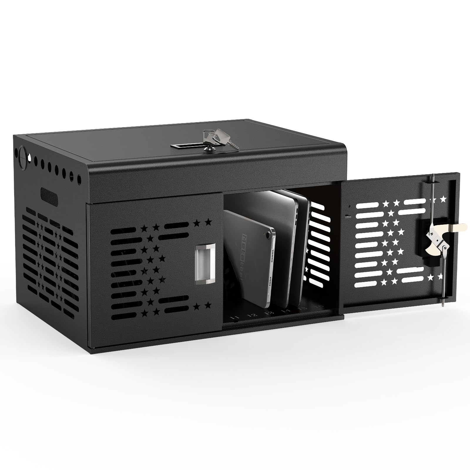 16-Device Laptops Charging Cabinet, Locking Charging Station for Chromebook iPads, Tablet Charging Storage Box for Classroom Library Office, Lock Laptop Charging Storage Cabinet, Black