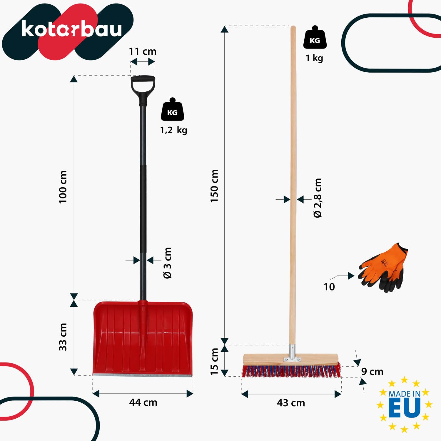 KOTARBAU® Kit pelle à neige avec manche en métal 133 cm Balai de rue 43 cm + gants Pelle à neige Snow Shovel Pelle à neige avec manche Pelle à neige extérieure pour déneigement voiture