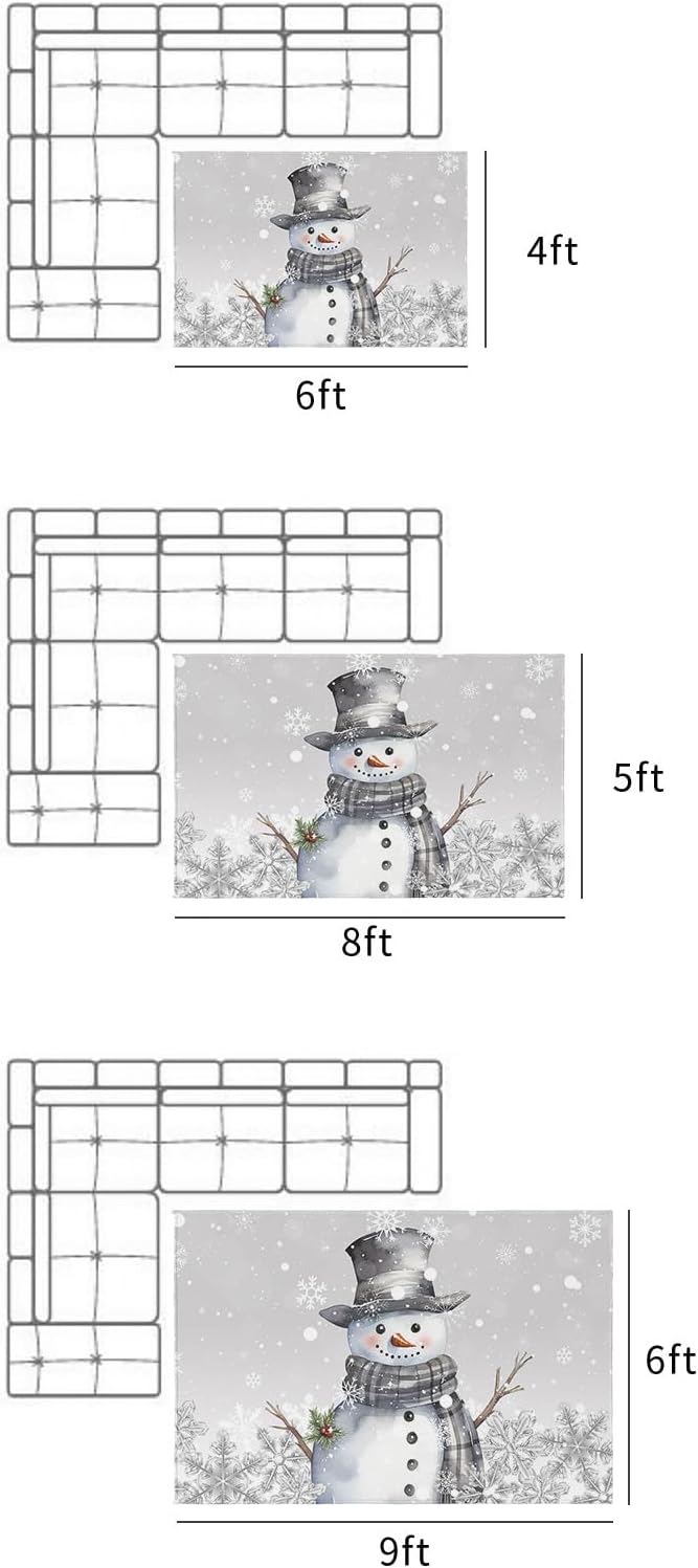 Outdoor Rug, Christmas Snowman Snowflake Scarf Pine Needle Winter Grey Absorbant Non-Slip Area Rugs Mat Carpet for Patio Balcony Porch Backyard Deck Rv Camping 4x6 ft