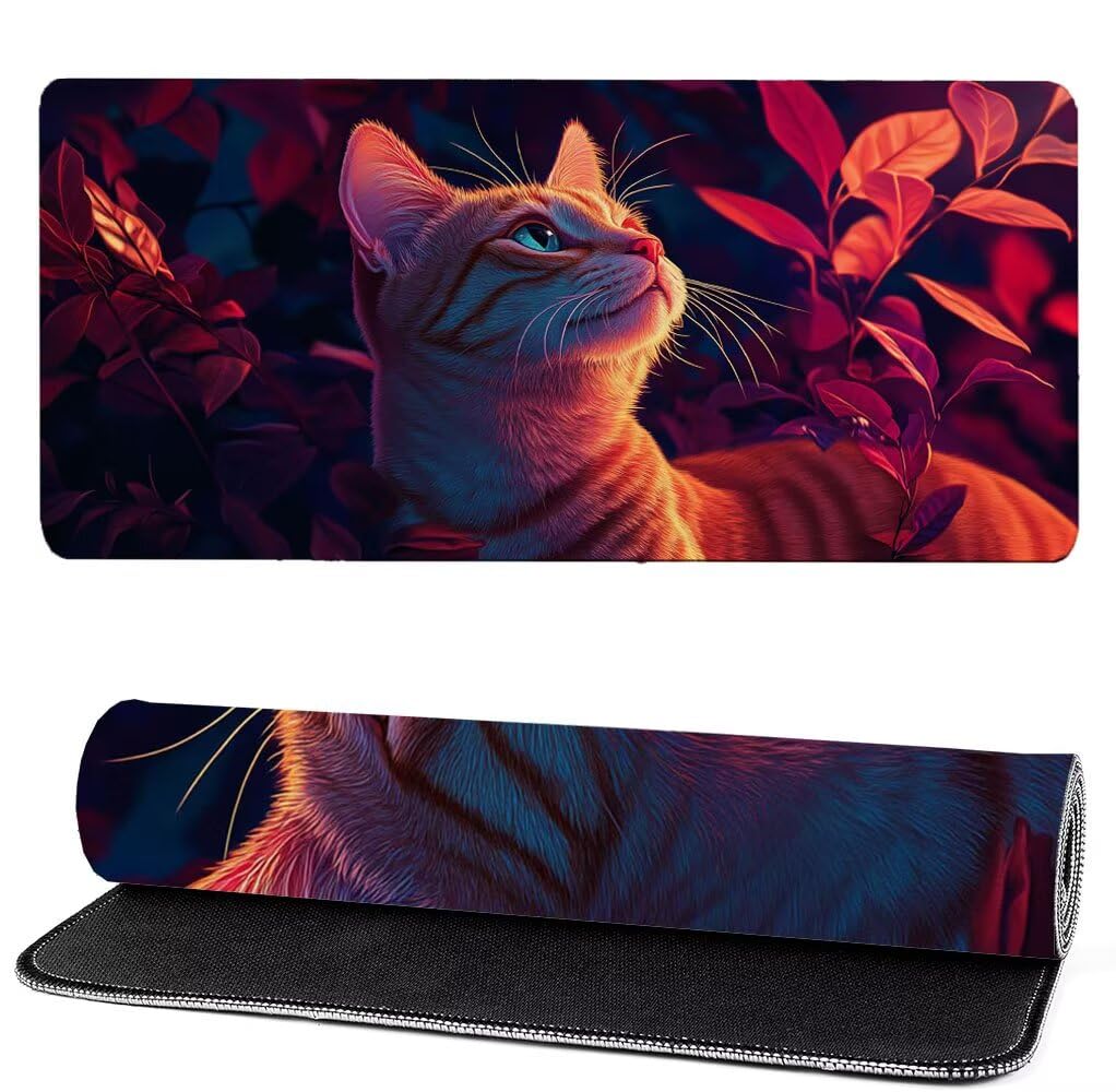 Podkładka pod mysz XXL 1400 x 600 x 3 mm dla kota, podkładka pod mysz do gier, ulepszona precyzja i szybkość, podkładka pod mysz do gier antypoślizgowa gumowa podstawa, dekoracja biurka MM-425