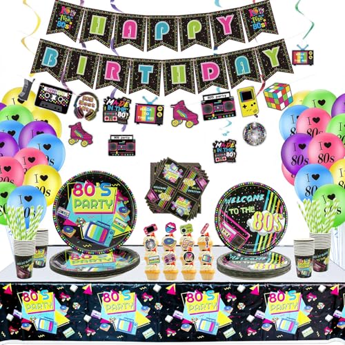 Hegbolke 80s Party Supplies - Conjunto de decorações de festa de regresso aos anos 80 que inclui redemoinhos pendentes, pratos, copos, guardanapos, toalha de mesa, banner, balões - serve 20 (A)