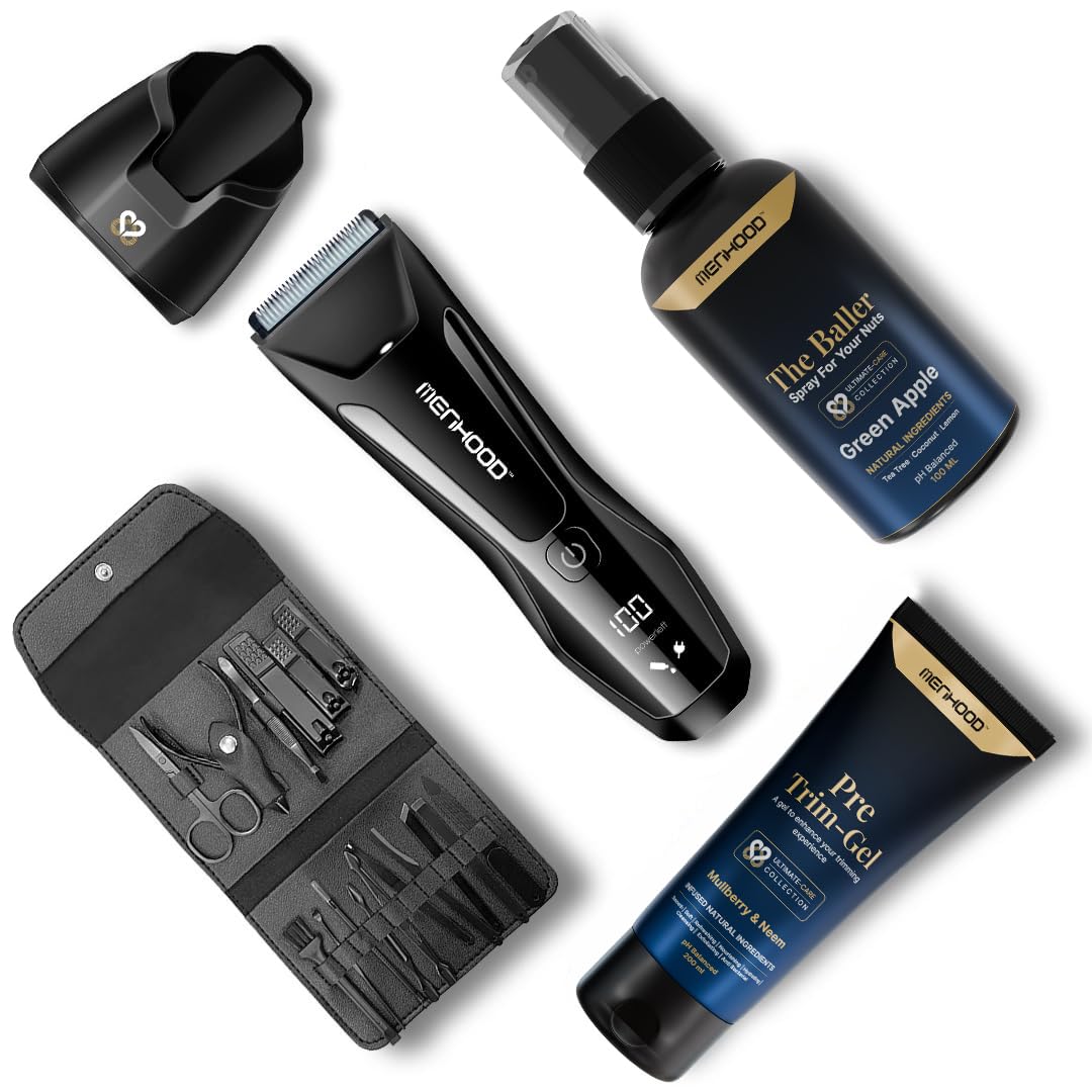MENHOODPremium Package 2.0 - Includes Menhood Grooming Trimmer 2.0, The Baller-Deodorant for Balls, a Luxury Manicure Pedicure Set (The Baller - Green Apple)