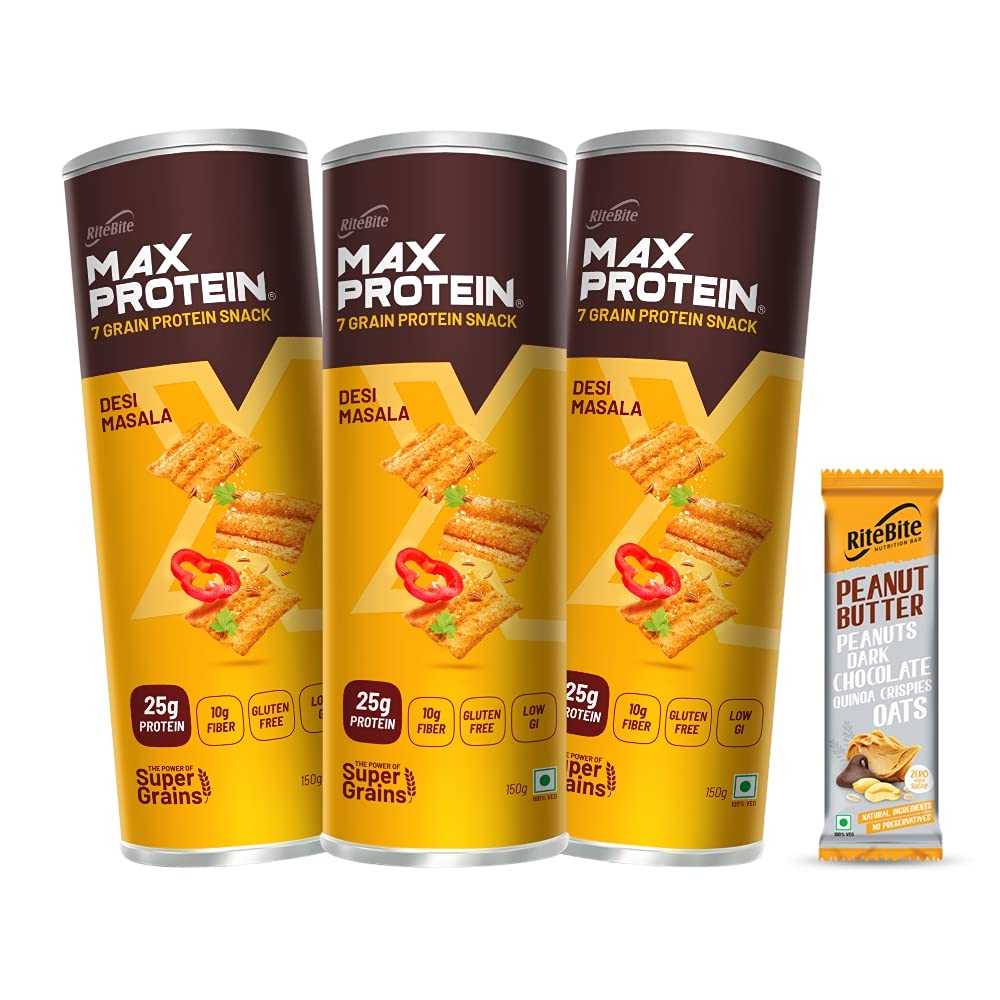 RiteBite Max Protein Chips - Desi Masala [pack of 3] Ritebite with 1 RiteBite Peanut Butter Energy Bar FREE |Protein, Fiber, Low GI, Gluten Free, Super Grains like Sorghum, Quinoa, Oats, Ragi, No Preservatives, 100% Vegetarian | Guiltfree Munching 490g