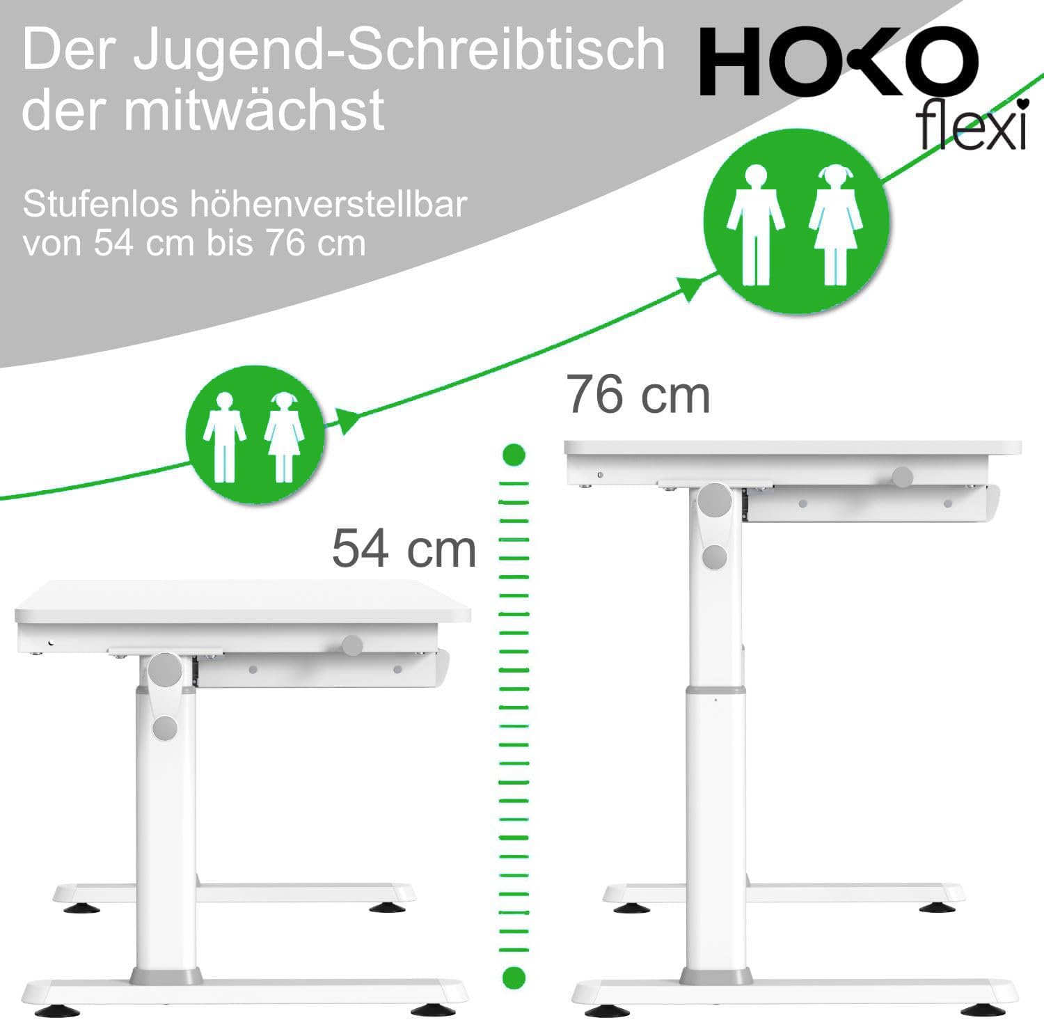 HOKO Kinderschreibtisch Höhenverstellbar 54-76cm Neigbare Schreibtischplatte mit Schubladen 100x60cm Arbeitsfläche – Für Kinder ab 6 Jahren (Weiß, JANA)